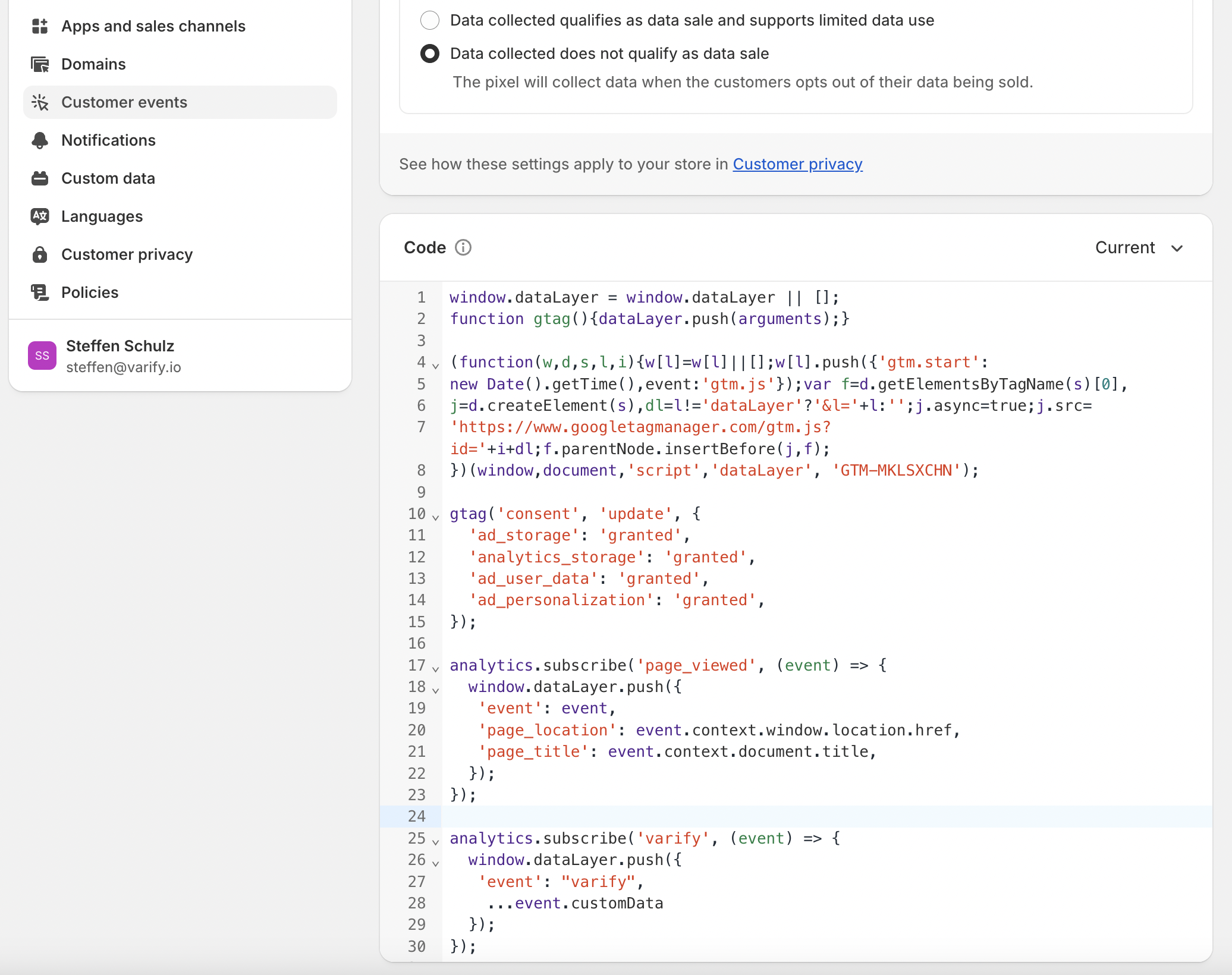 Shopify custom pixel code: below the GTM snippet, „analytics.subscribe('varify', …)“ pushes the Varify event into the dataLayer