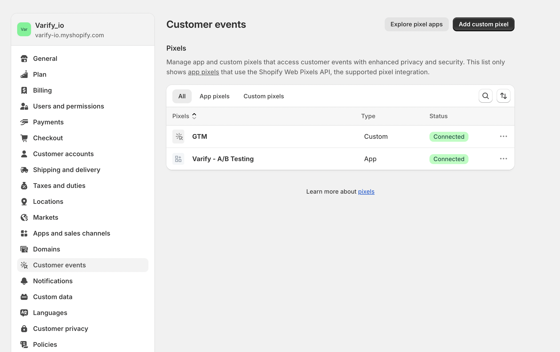 Shopify „Customer events“ with the pixels GTM and „Varify - A/B Testing“ both connected and the button „Add custom pixel“