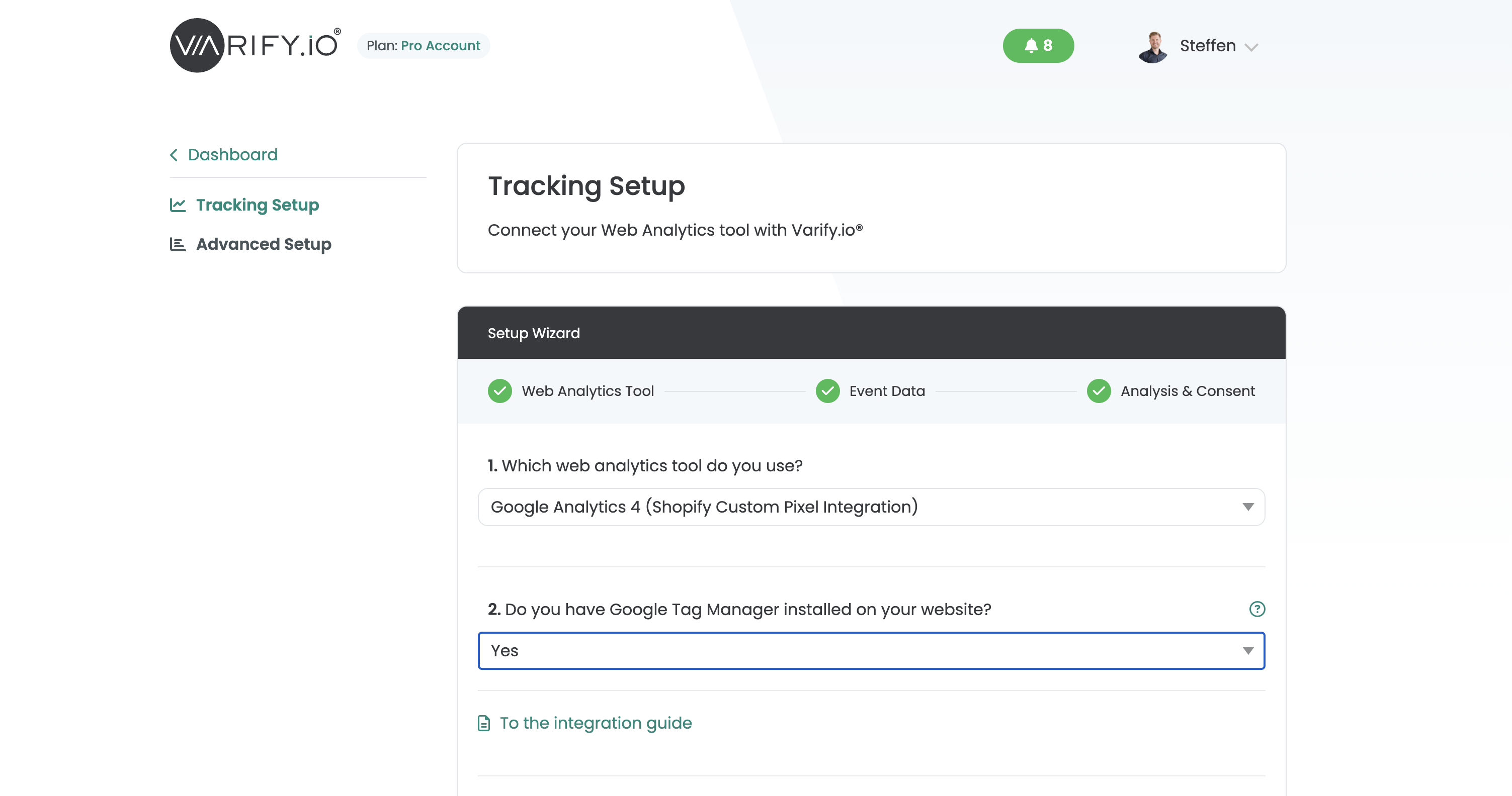 Varify setup wizard with „Google Analytics 4 (Shopify Custom Pixel Integration)“ as the web analytics tool and Google Tag Manager answered with „Yes“