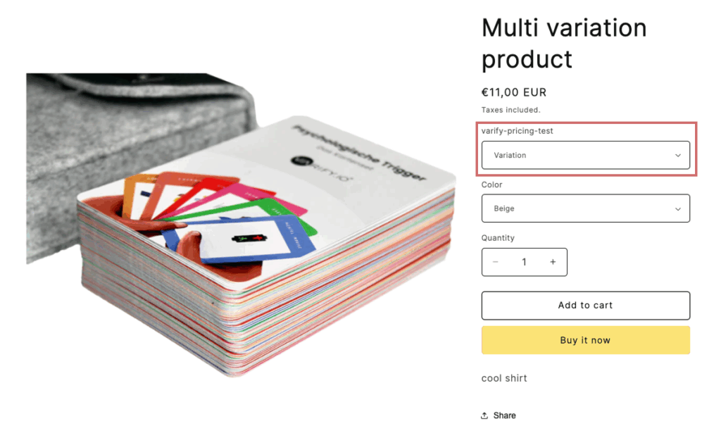 A Shopify product detail page with the added option „varify-pricing-test“ highlighted above the colour option.