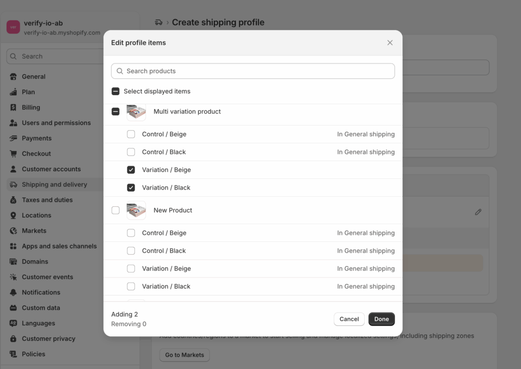 The dialog „Edit profile items“ of a new shipping profile, with only the two Variation entries of the product ticked.