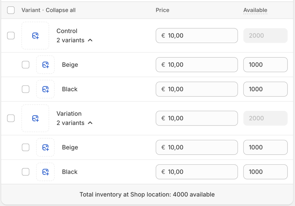 The resulting variant table: Control and Variation, each with Beige and Black, all at the same price and stock.