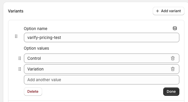 The Shopify variant editor with the option name „varify-pricing-test“ and the two values Control and Variation.