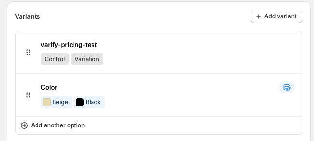 The finished option list: „varify-pricing-test“ with Control and Variation, and „Color“ with Beige and Black.