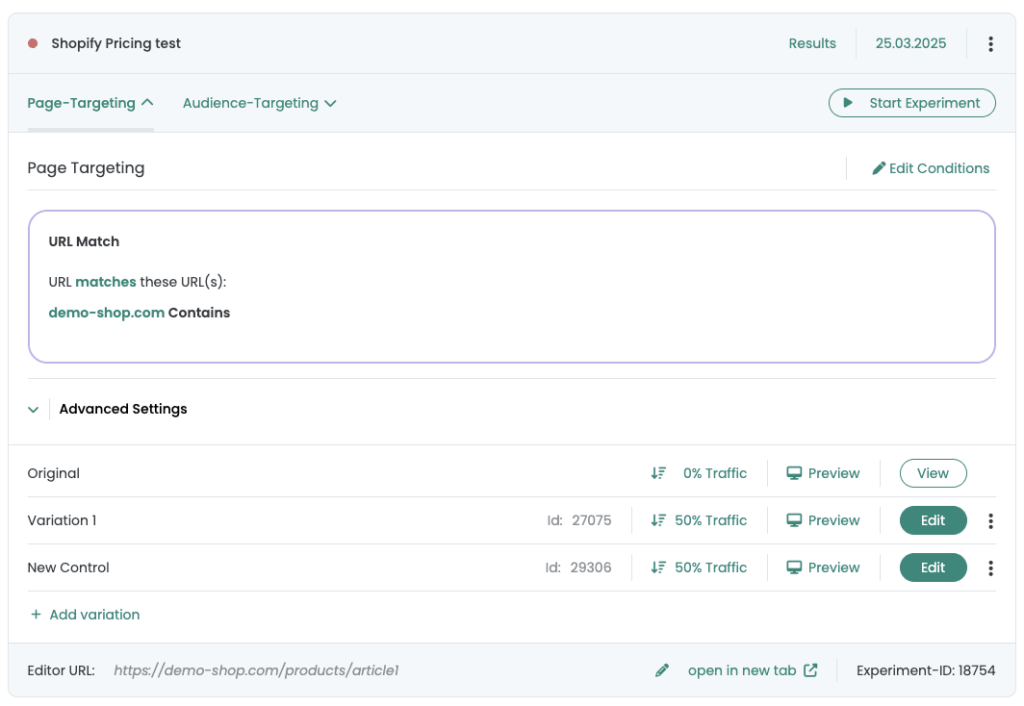 Varify experiment „Shopify Pricing test“ with page targeting on demo-shop.com and the variations Original 0 %, Variation 1 and New Control 50 % each