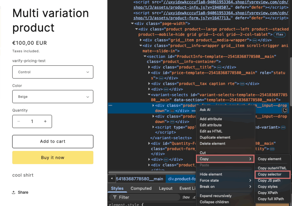 DevTools context menu on the „varify-pricing-test“ dropdown, with „Copy“ opened and „Copy selector“ marked