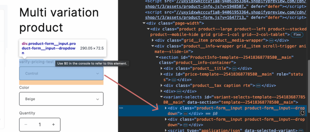 DevTools highlighting the dropdown element div.product-form__input.product-form__input--dropdown on the product page