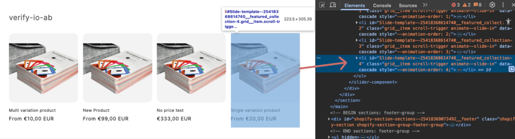 Shopify collection page in DevTools: the fourth product tile is selected and matches the list item li#Slide-template…__featured_collection-4