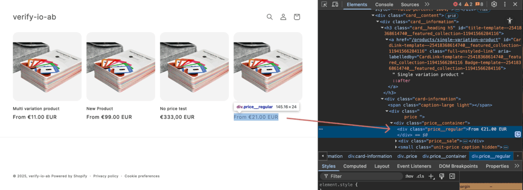 Shopify collection page in DevTools with the price element div.price__regular of the fourth tile selected, showing „From €21.00 EUR“