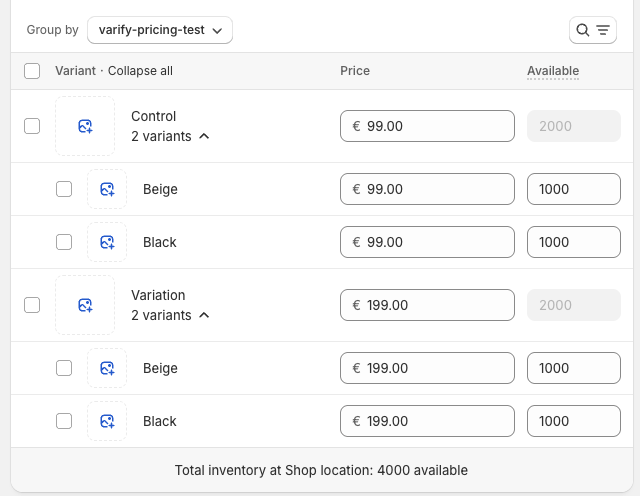 Shopify variant list grouped by „varify-pricing-test“: every Control variant costs €99.00, every Variation variant €199.00