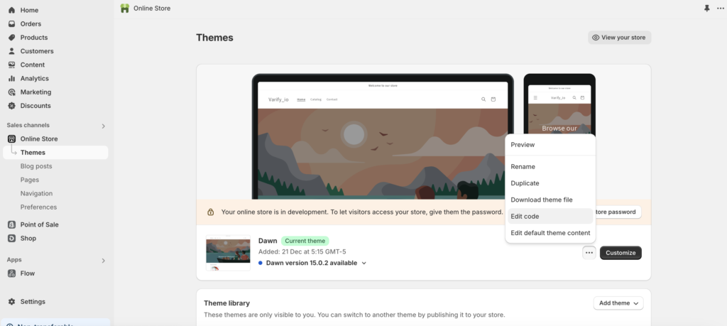 Shopify „Themes“ with the context menu of the current theme open and the entry „Edit code“ highlighted
