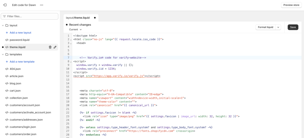 Shopify code editor with theme.liquid open; the Varify snippet sits directly under the opening „<head>“ tag