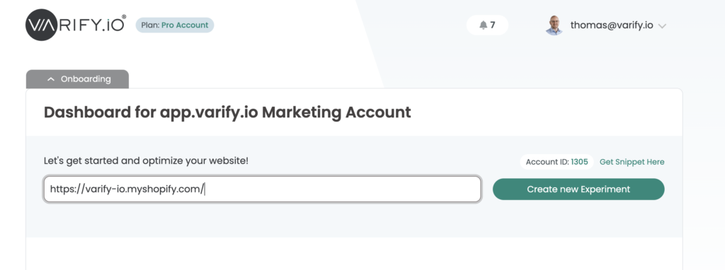 Varify dashboard with the Shopify shop URL entered next to the button „Create new Experiment“