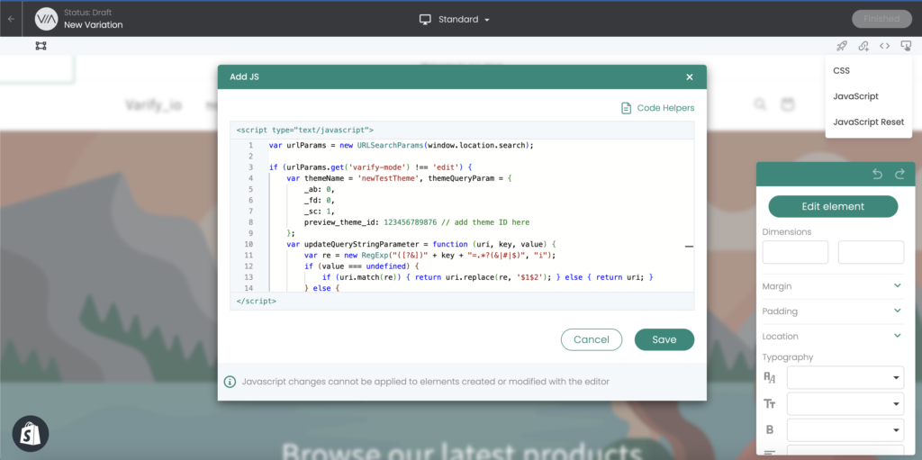 Varify editor dialog „Add JS“ with the script that switches the theme; the line „preview_theme_id“ takes the ID of the new theme