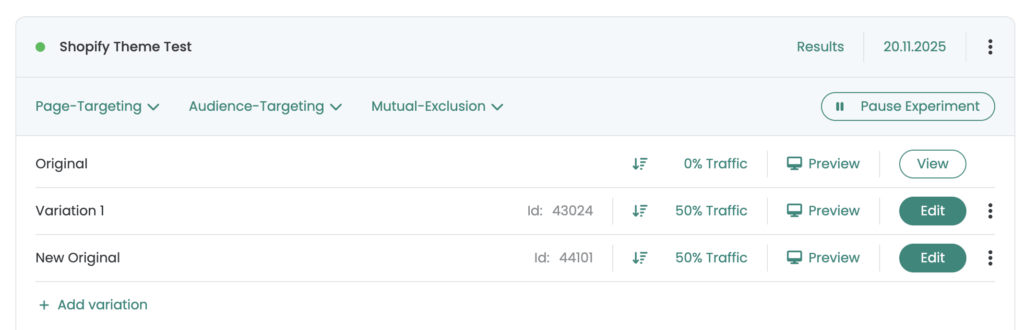 Running „Shopify Theme Test“ with three rows: Original at 0 % traffic, „Variation 1“ and „New Original“ at 50 % each