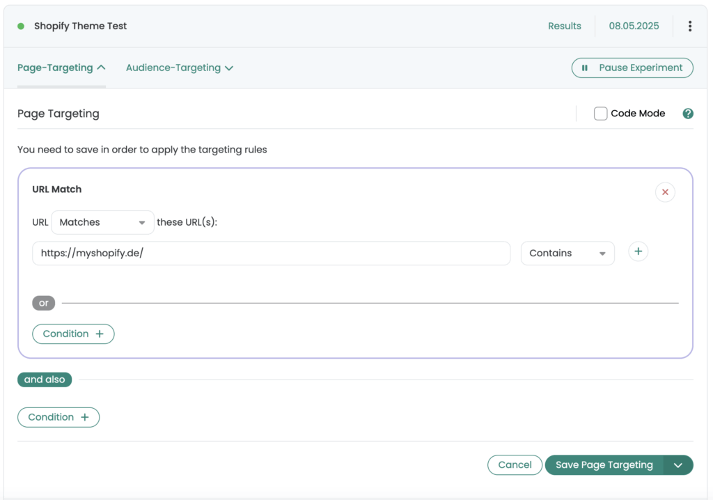 Page targeting of the „Shopify Theme Test“: the URL condition „Contains“ matches the shop domain