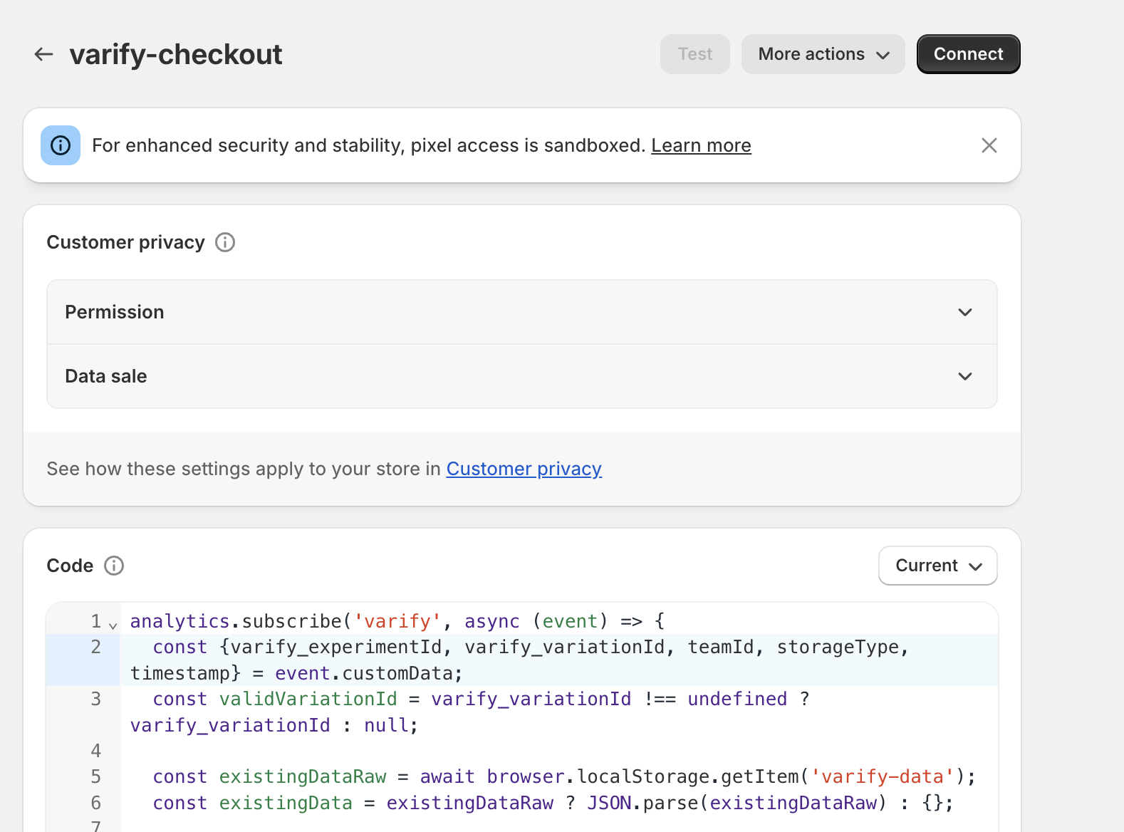The created pixel „varify-checkout“ with its code that subscribes to the „varify“ event and reads the variation data