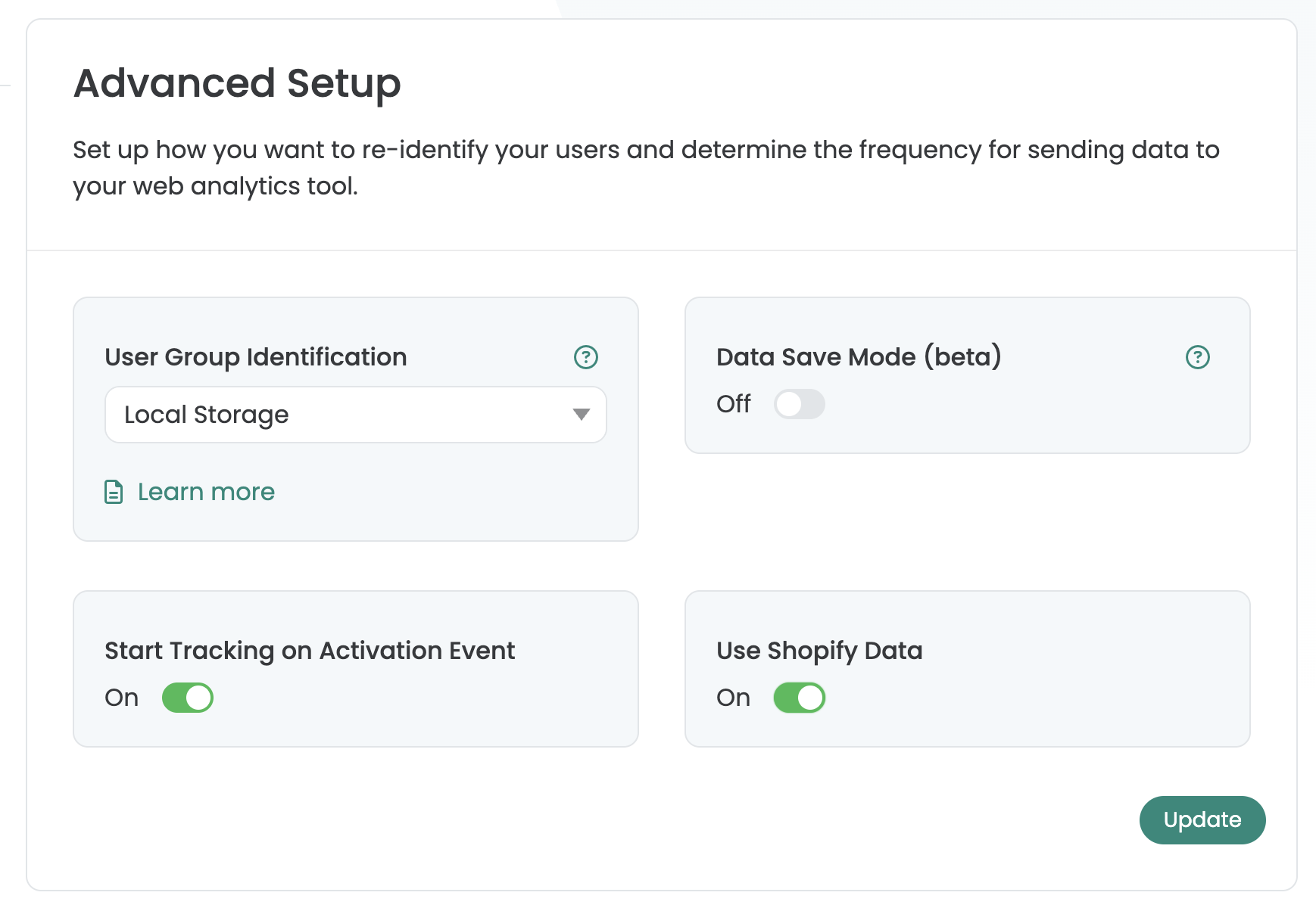 Varify advanced setup with „Start Tracking on Activation Event“ and „Use Shopify Data“ both switched on