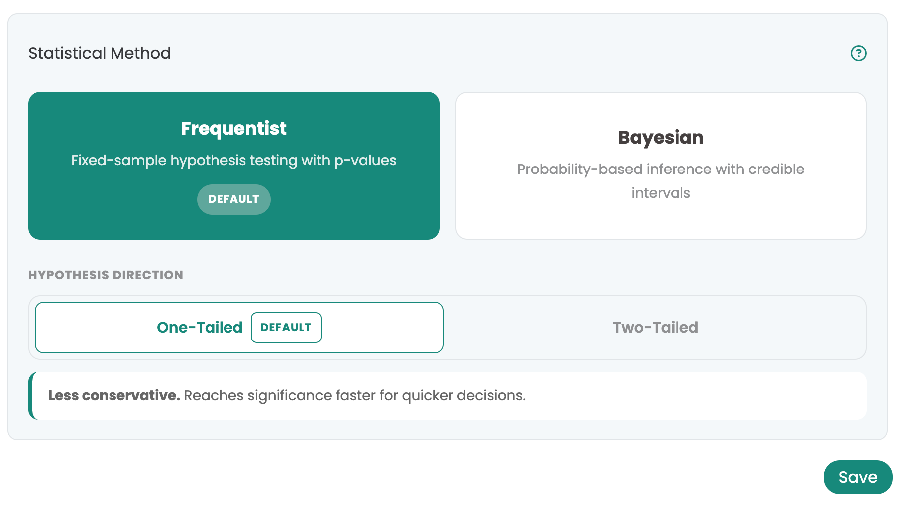 The account setting „Statistical Method“: Frequentist selected as the default next to Bayesian, and below it the hypothesis direction with One-Tailed as the default next to Two-Tailed.