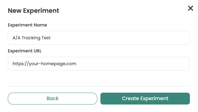 Varify dialog „New Experiment“ with the name „A/A Tracking Test“ and the experiment URL filled in