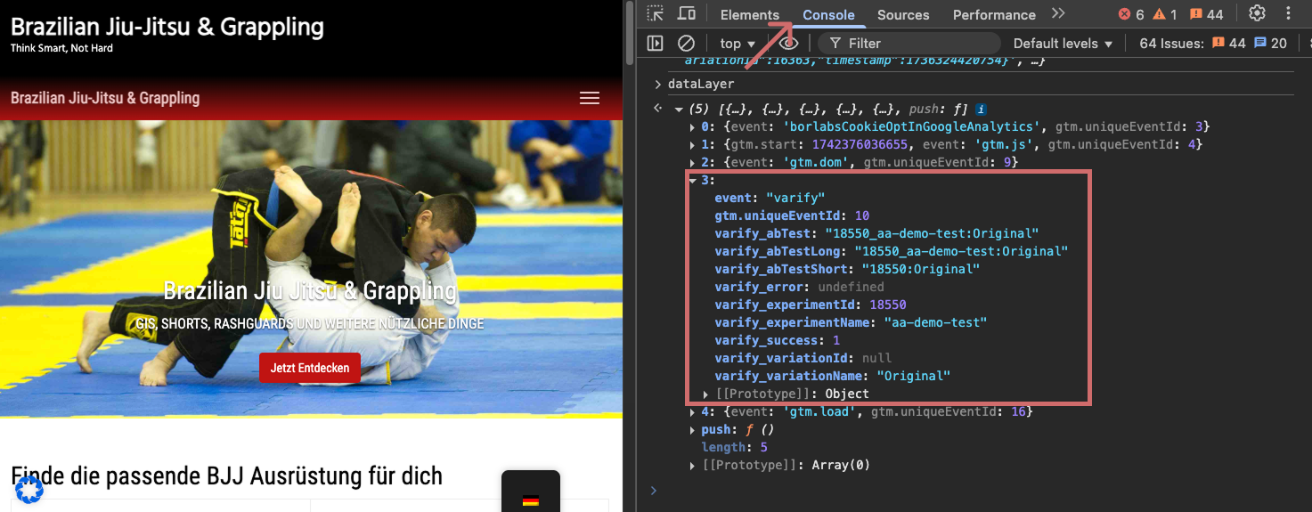 Browser console showing the dataLayer push of event „varify“ with varify_abTest „18550_aa-demo-test:Original“ and varify_success 1