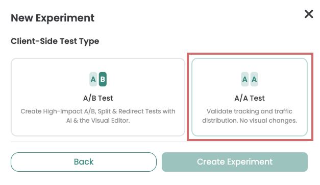 Varify dialog „New Experiment“, step „Client-Side Test Type“, with „A/A Test – Validate tracking and traffic distribution. No visual changes.“ selected