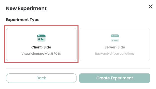 Varify dialog „New Experiment“, step „Experiment Type“, with „Client-Side“ selected