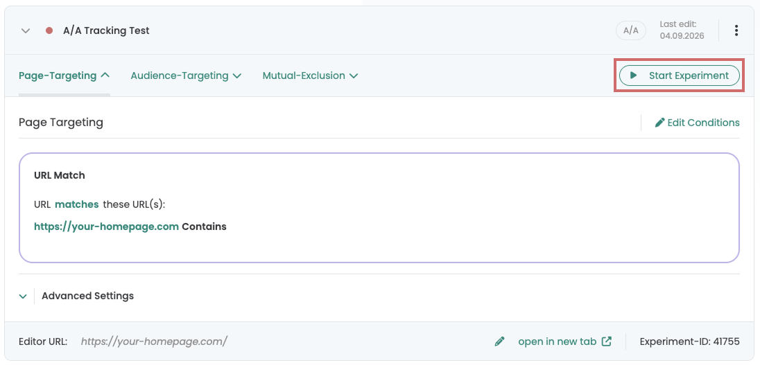 The finished A/A experiment with its page targeting; the „Start Experiment“ button is highlighted