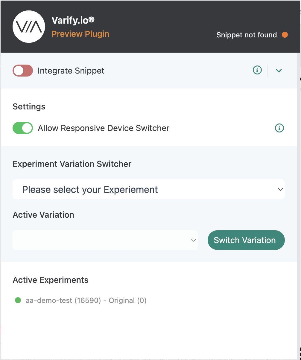 Varify preview plugin listing the running „aa-demo-test (16590) – Original (0)“ under „Active Experiments“