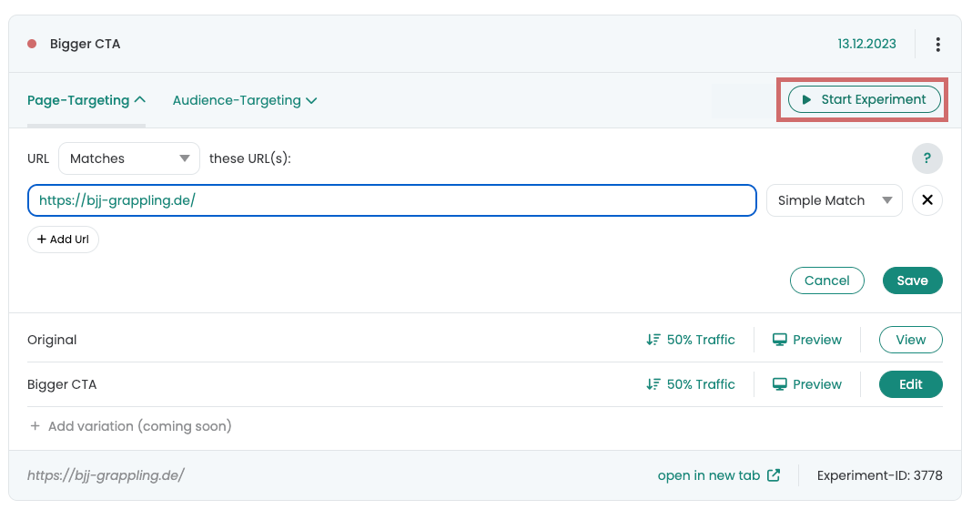 The same experiment with Page-Targeting open: a URL rule „Matches https://bjj-grappling.de/“ is entered and Start Experiment is now active.