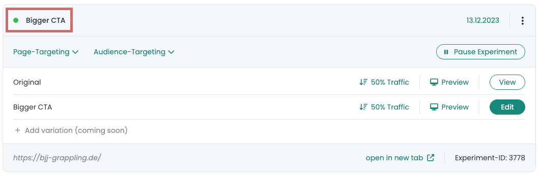 Running experiment with a green status dot; the header offers „Pause Experiment“