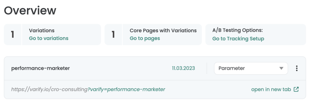 A variation of type „Parameter“; underneath, the page address with the appended parameter varify=performance-marketer.