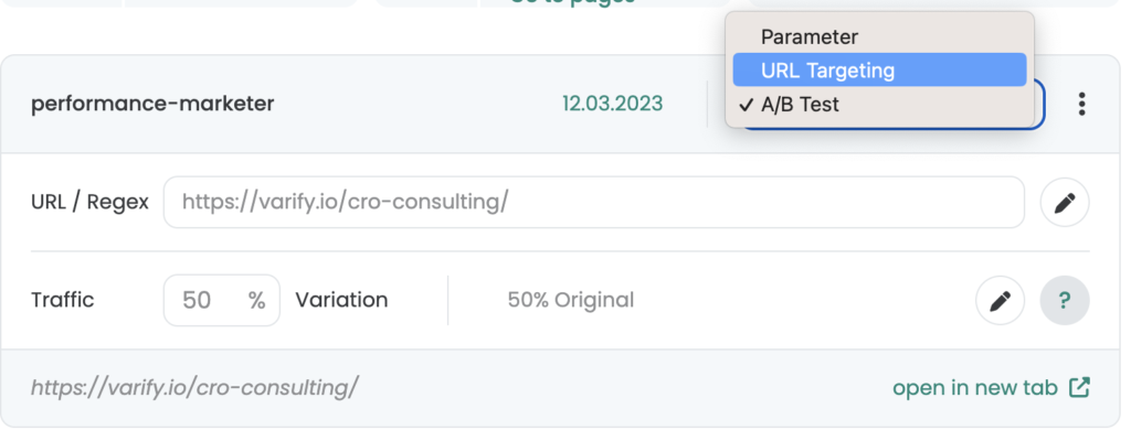 A variation with the type list open, showing Parameter, URL Targeting and A/B Test.