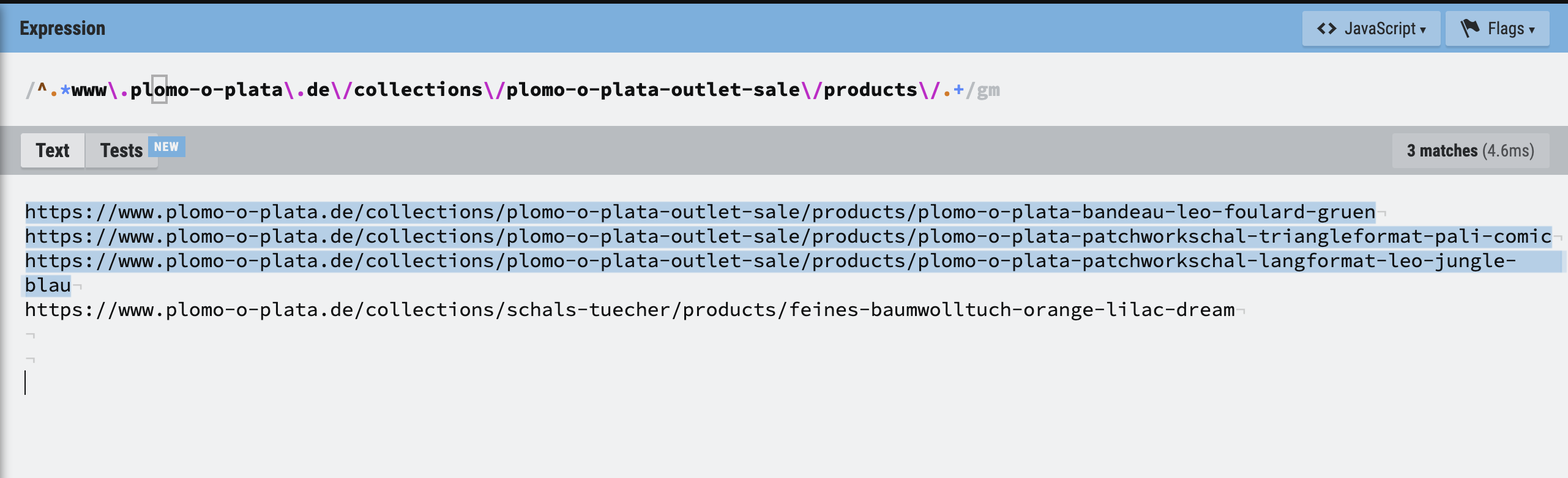 The same tester with an expression for a shop's collection path; three of four sample addresses match.