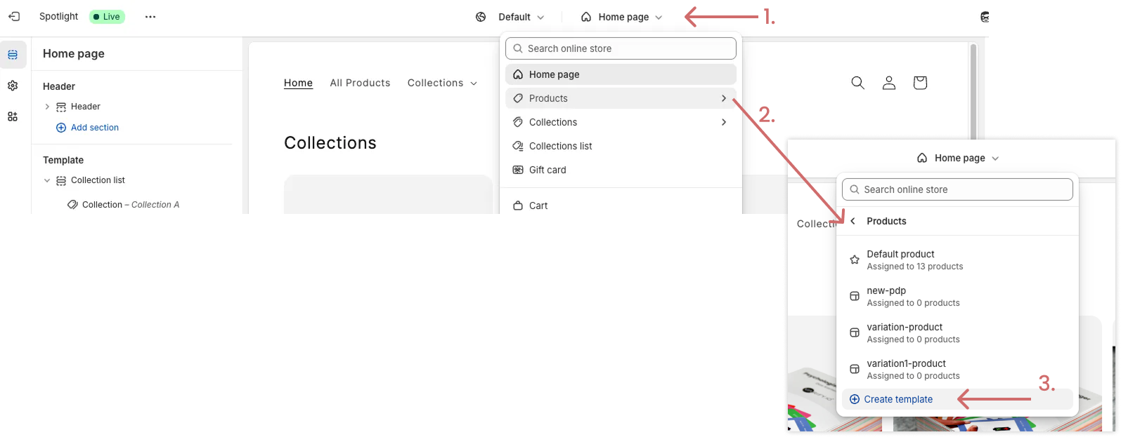 Shopify theme editor in three steps: open the page dropdown, pick „Products“, then click „Create template“