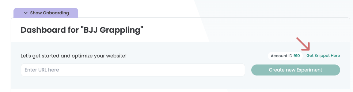 The Varify dashboard with an arrow on the link „Get Snippet Here“ next to the account ID.