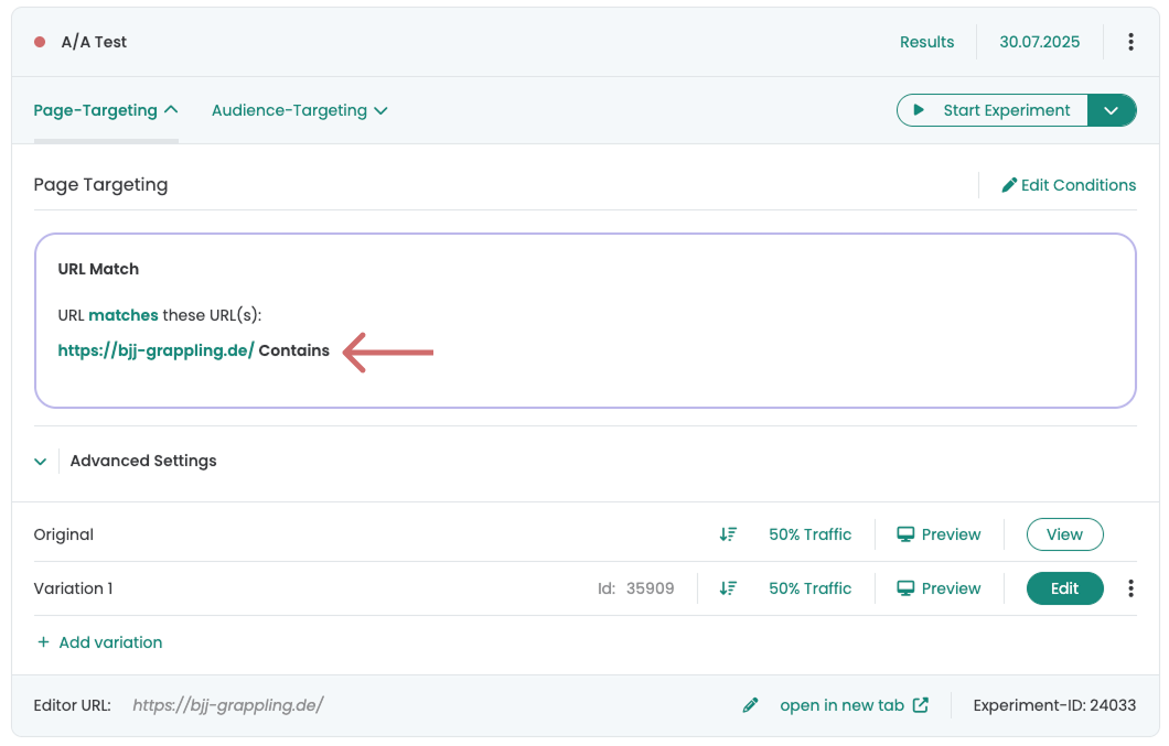 An A/A test with page targeting on the whole domain and both Original and Variation 1 at 50 % traffic.