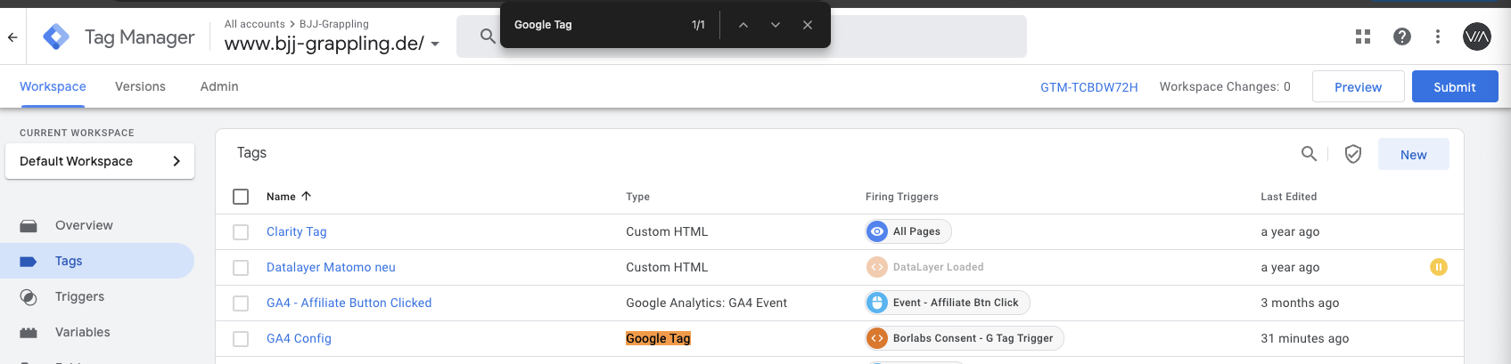 Google Tag Manager tag list with the „GA4 Config“ tag of type Google Tag highlighted.