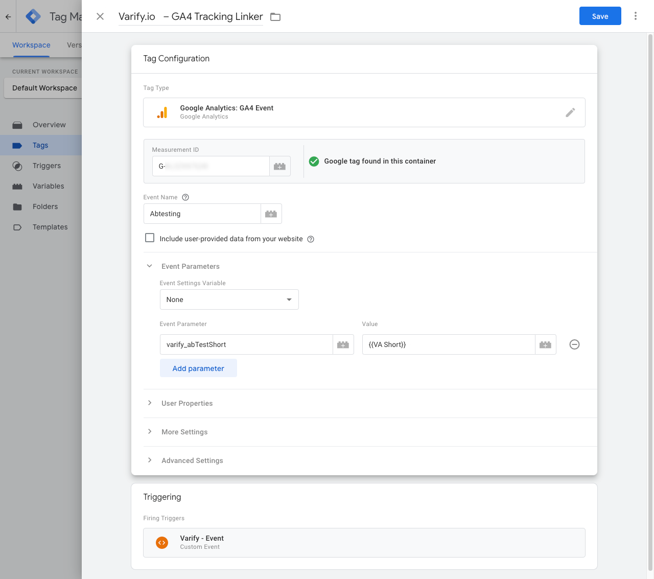 Google Tag Manager tag „Varify.io – GA4 Tracking Linker“: a GA4 event named „Abtesting“ with the parameter varify_abTestShort set to the VA Short variable, fired by the Varify event trigger.