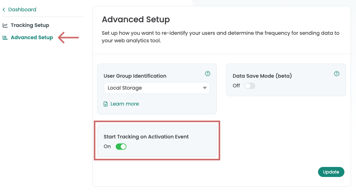 Varify „Advanced Setup“ with an arrow on the menu entry and the switch „Start Tracking on Activation Event“ turned on.
