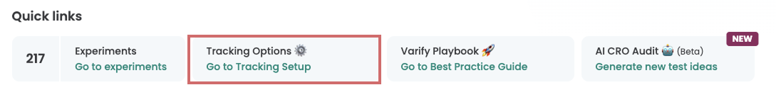 Quick links on the Varify dashboard, with the „Tracking Options“ tile highlighted.
