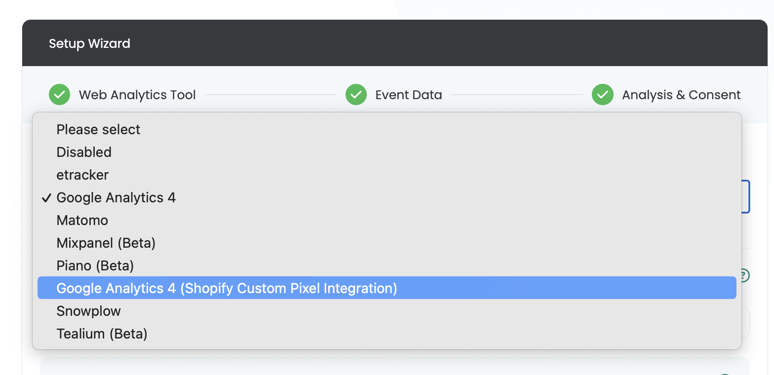 The web analytics tool list with „Google Analytics 4 (Shopify Custom Pixel Integration)“ selected.