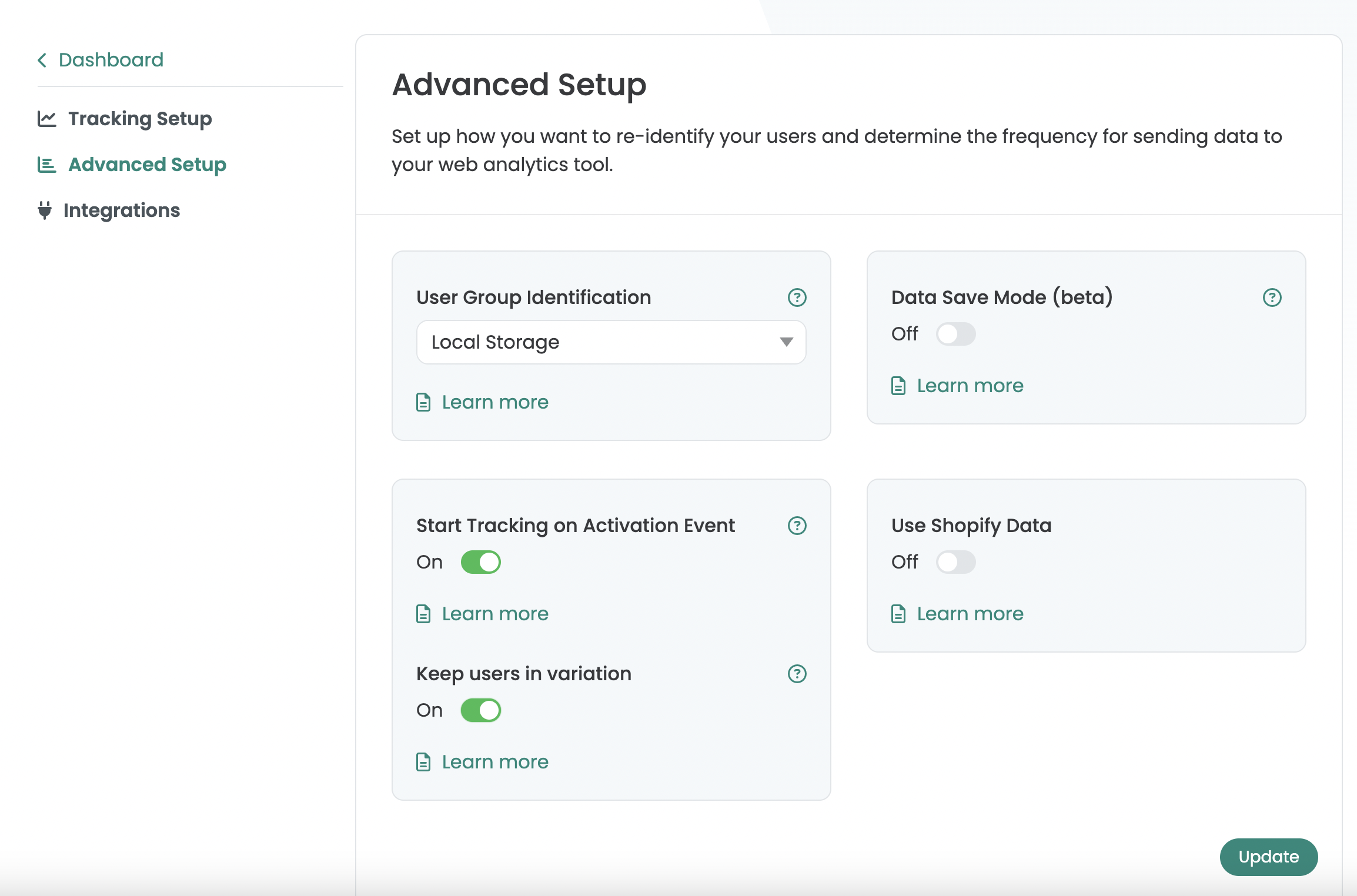 Advanced Setup with „Start Tracking on Activation Event“ and „Keep users in variation“ switched on.
