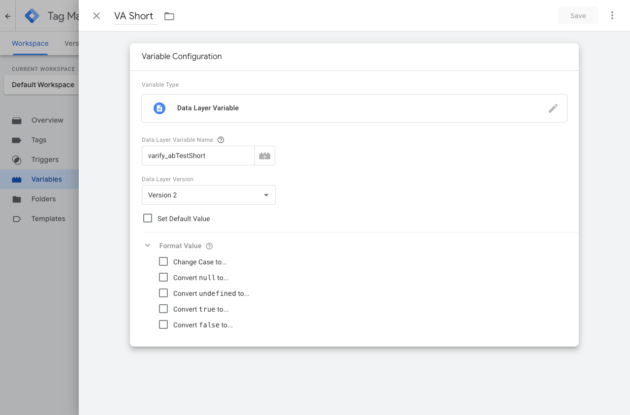 Google Tag Manager variable „VA Short“ of type Data Layer Variable, reading varify_abTestShort.