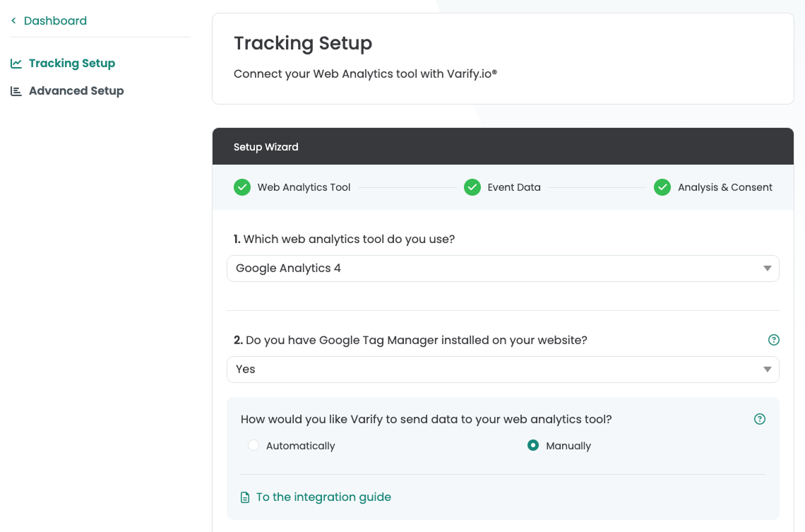 Tracking Setup with all three wizard steps ticked, Google Tag Manager on „Yes“ and data sending set to „Manually“.