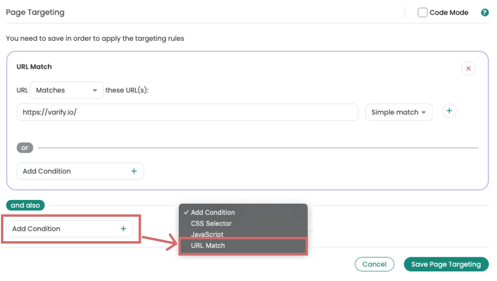 Seiten-Targeting mit geöffnetem „Add Condition“ unterhalb von „and also“; der Eintrag „URL Match“ ist hervorgehoben