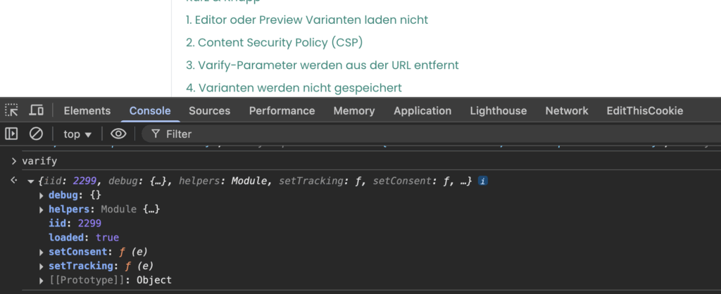 Console del browser con "varify" digitato; l'oggetto restituito riporta "loaded: true" e l'ID account