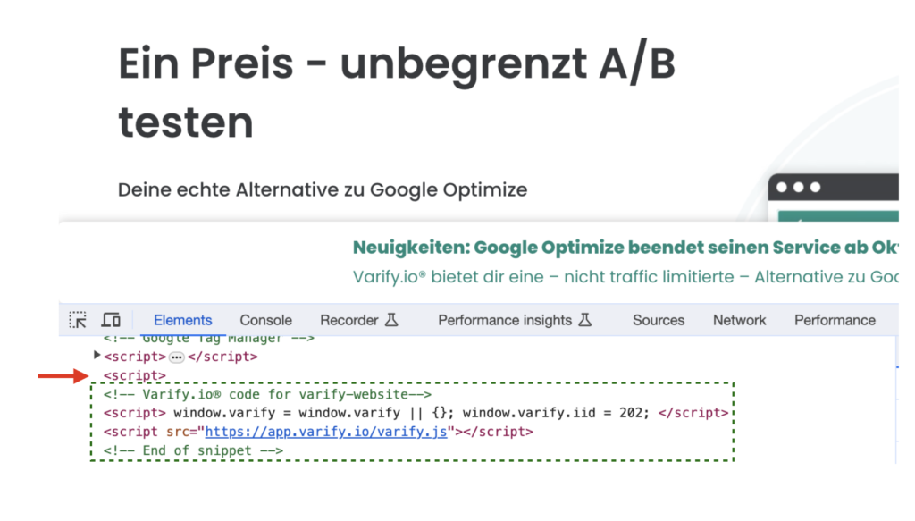 Panneau Elements des DevTools avec une flèche pointant vers une balise « <script> » ouverte ; le snippet Varify se trouve à l'intérieur au lieu d'être autonome