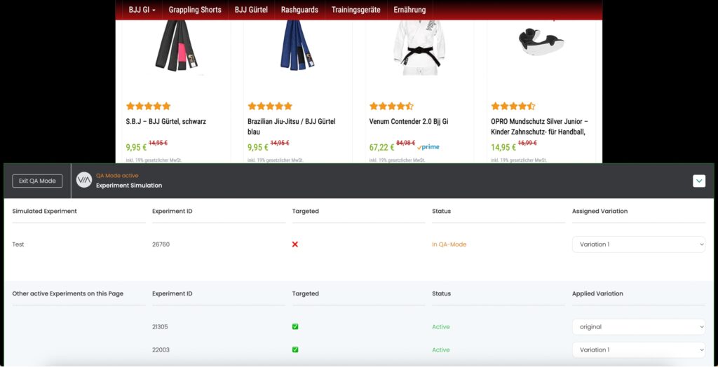 QA-Modus auf einer Shop-Seite: Das simulierte Experiment zeigt unter „Targeted“ ein rotes Kreuz, wird hier also nicht ausgeliefert.