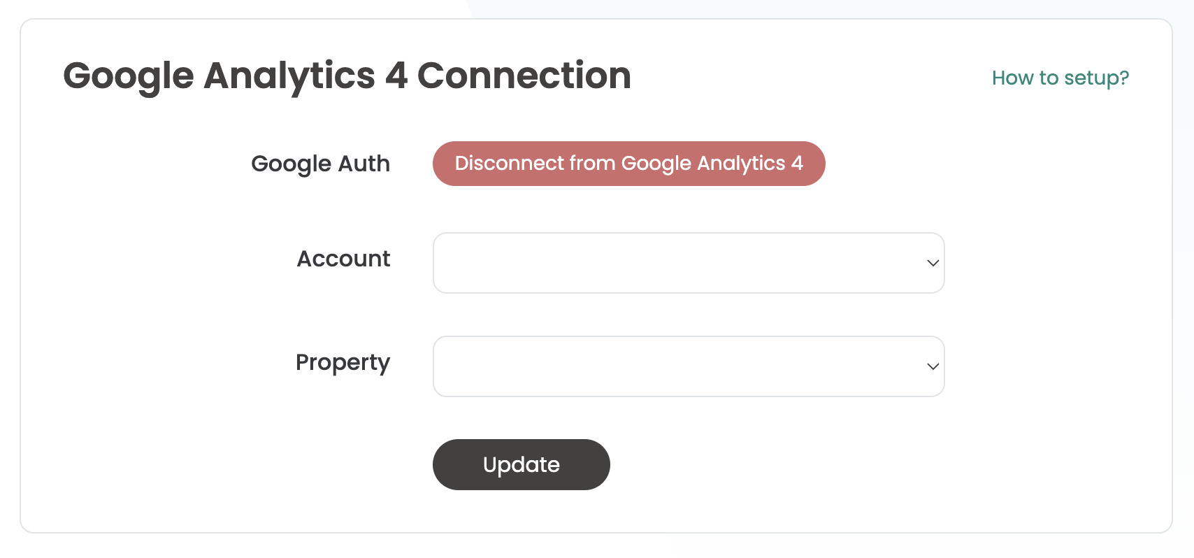 La pantalla de Varify «Google Analytics 4 Connection» con el botón «Disconnect from Google Analytics 4» y las listas de cuenta y propiedad vacías.